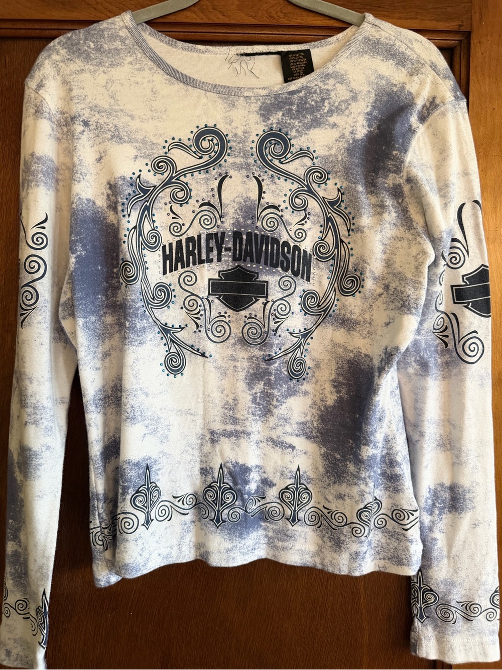 Harley-Davidson Y2K tie-dye rhinestone long sleeve top